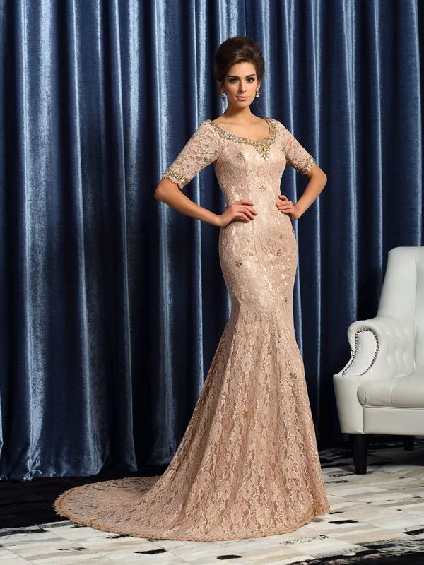 Wholesale V-neck Lace Sleeves Long Elastic Woven Satin Mother of the Bride Dresses